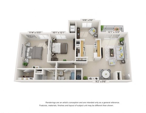 Floor plan for 2 beds, 2 baths, 1045 sqft